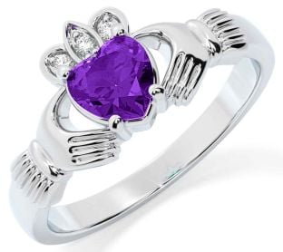 Diamond Amethyst Silver Claddagh Ring