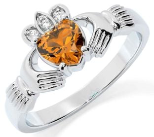 Diamond Citrine Silver Claddagh Ring