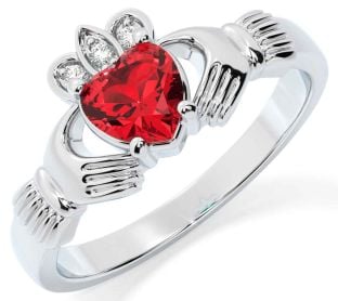 Diamond Ruby Silver Claddagh Ring