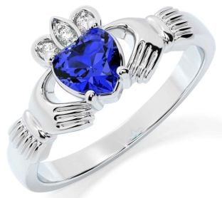 Diamond Sapphire Silver Claddagh Ring