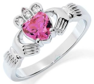 Diamond Pink Tourmaline White Gold Claddagh Ring