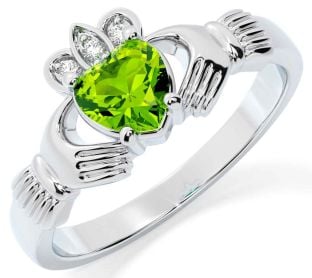 Diamond Peridot White Gold Claddagh Ring