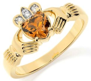 Diamond Citrine Gold Claddagh Ring