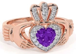 Diamond Amethyst Rose Gold Silver Claddagh Ring