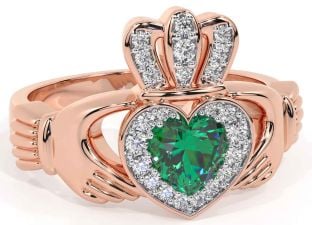 Diamond Emerald Rose Gold Silver Claddagh Ring