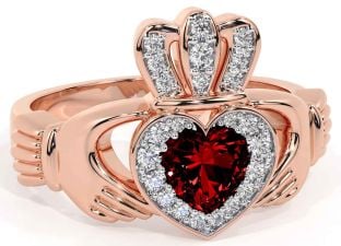 Diamond Garnet Rose Gold Silver Claddagh Ring