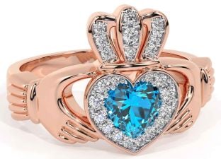 Diamond Topaz Rose Gold Silver Claddagh Ring