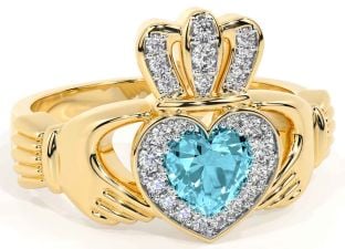 Diamond Aquamarine Gold Silver Claddagh Ring