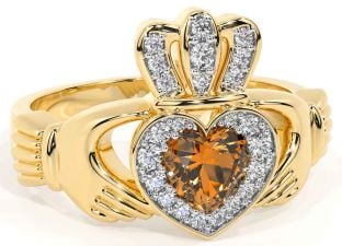 Diamond Citrine Gold Silver Claddagh Ring