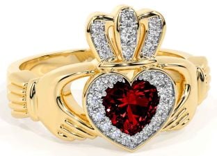 Diamond Garnet Gold Silver Claddagh Ring