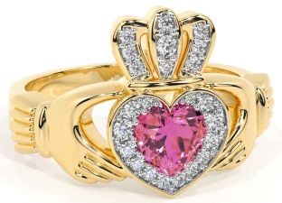 Diamond Pink Tourmaline Gold Silver Claddagh Ring