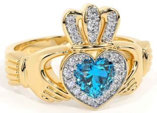 Diamond Topaz Gold Silver Claddagh Ring