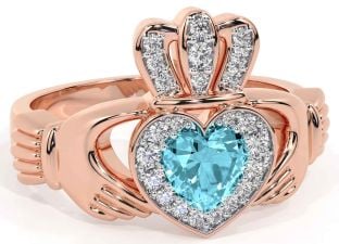 Diamant Akvamarin Reste sig Guld Claddagh Ringa