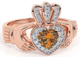 Diamond Citrine Rose Gold Claddagh Ring