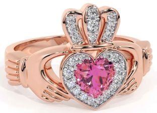 Diamond Pink Tourmaline Rose Gold Claddagh Ring