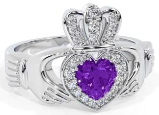 Diamond Amethyst Silver Claddagh Ring