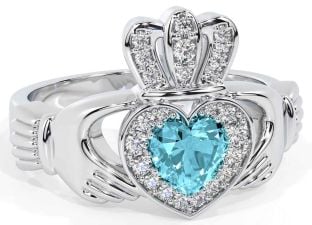 Diamond Aquamarine Silver Claddagh Ring