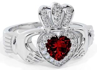 Diamond Garnet Silver Claddagh Ring