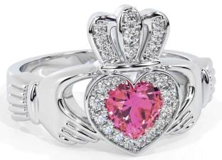 Diamond Pink Tourmaline Silver Claddagh Ring