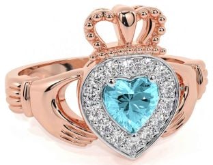 Diamond Aquamarine Rose Gold Silver Claddagh Ring