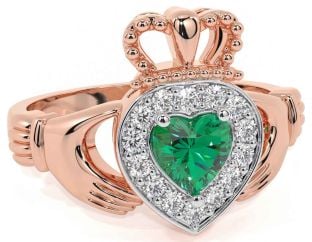 Diamond Emerald Rose Gold Silver Claddagh Ring