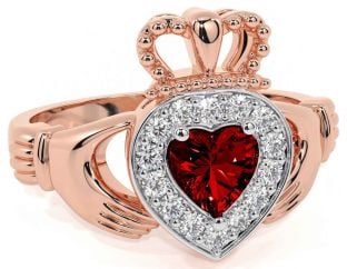 Diamond Garnet Rose Gold Silver Claddagh Ring