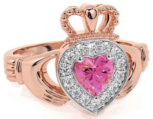 Diamond Pink Tourmaline Rose Gold Silver Claddagh Ring