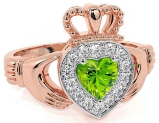 Diamond Peridot Rose Gold Silver Claddagh Ring