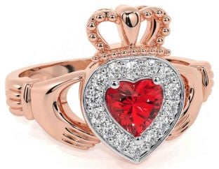 Diamond Ruby Rose Gold Silver Claddagh Ring