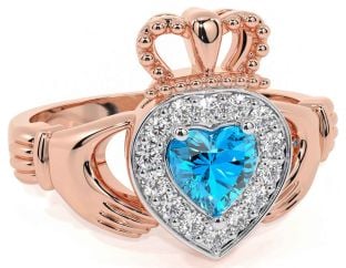 Diamond Topaz Rose Gold Silver Claddagh Ring