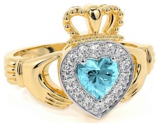 Diamond Aquamarine Gold Silver Claddagh Ring