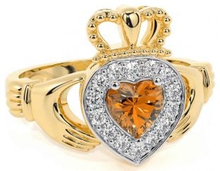 Diamond Citrine Gold Silver Claddagh Ring