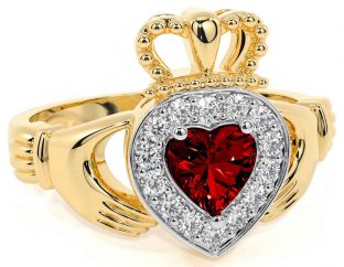 Diamond Garnet Gold Silver Claddagh Ring