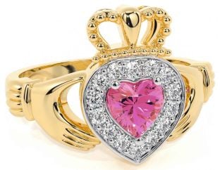 Diamond Pink Tourmaline Gold Silver Claddagh Ring