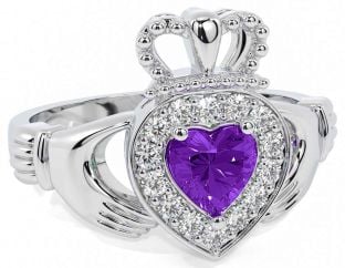 Diamond Amethyst Silver Claddagh Ring