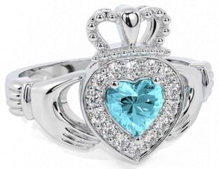 Diamond Aquamarine Silver Claddagh Ring