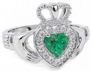 Diamond Emerald Silver Claddagh Ring