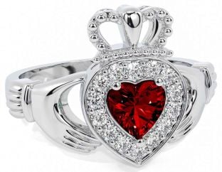 Diamond Garnet Silver Claddagh Ring