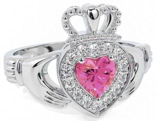 Diamond Pink Tourmaline Silver Claddagh Ring