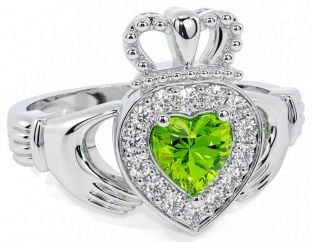 Diamond Peridot Silver Claddagh Ring