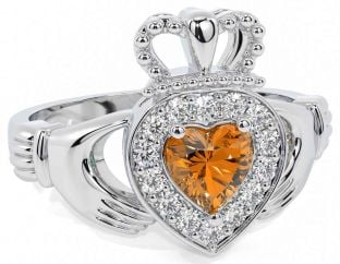 Diamond Citrine White Gold Claddagh Ring