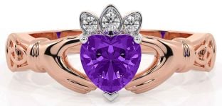 Diamond Amethyst Rose Gold Silver Claddagh Ring