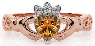 Diamond Citrine Rose Gold Silver Claddagh Ring