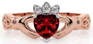 Diamond Garnet Rose Gold Silver Claddagh Ring