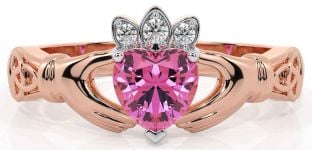 Diamond Pink Tourmaline Rose Gold Silver Claddagh Ring