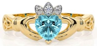 Diamond Aquamarine Gold Silver Claddagh Ring