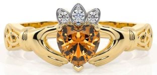 Diamond Citrine Gold Silver Claddagh Ring