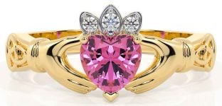 Diamond Pink Tourmaline Gold Silver Claddagh Ring