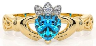 Diamond Topaz Gold Silver Claddagh Ring