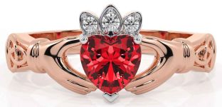 Diamond Ruby Rose Gold Claddagh Ring